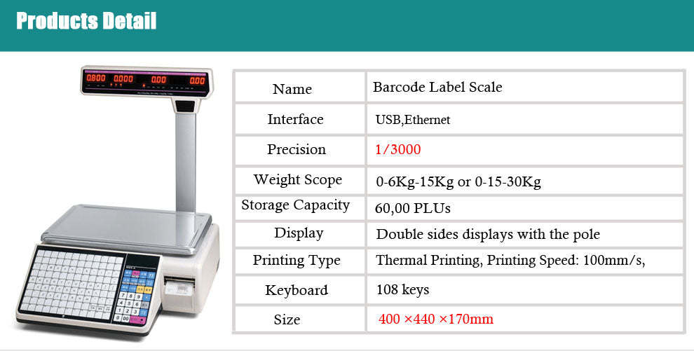 HS-A01 Label Scale - 6000 PLUs, LED Display, Thermal Printing for Supermarket/Deli/Food Shop