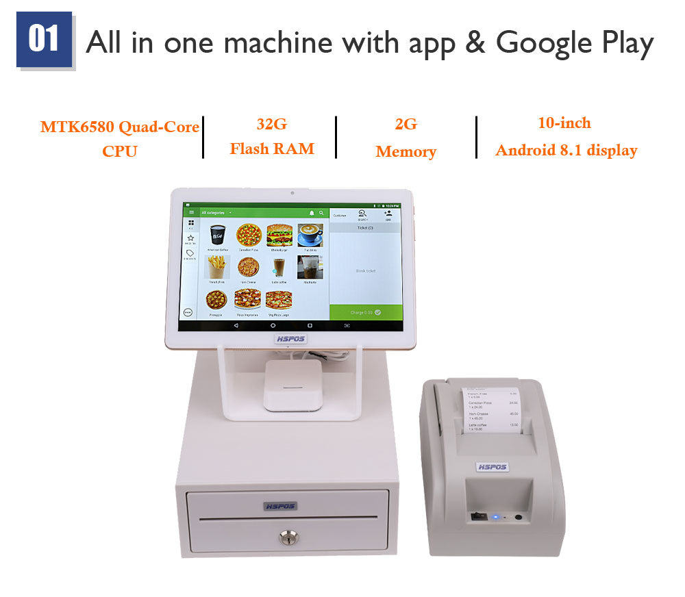 HS-ST53 Android POS Machine - 10inch IPS Touch Screen, 58mm Thermal Printer, 6000mAh Battery, Free POS System + Cash Drawer